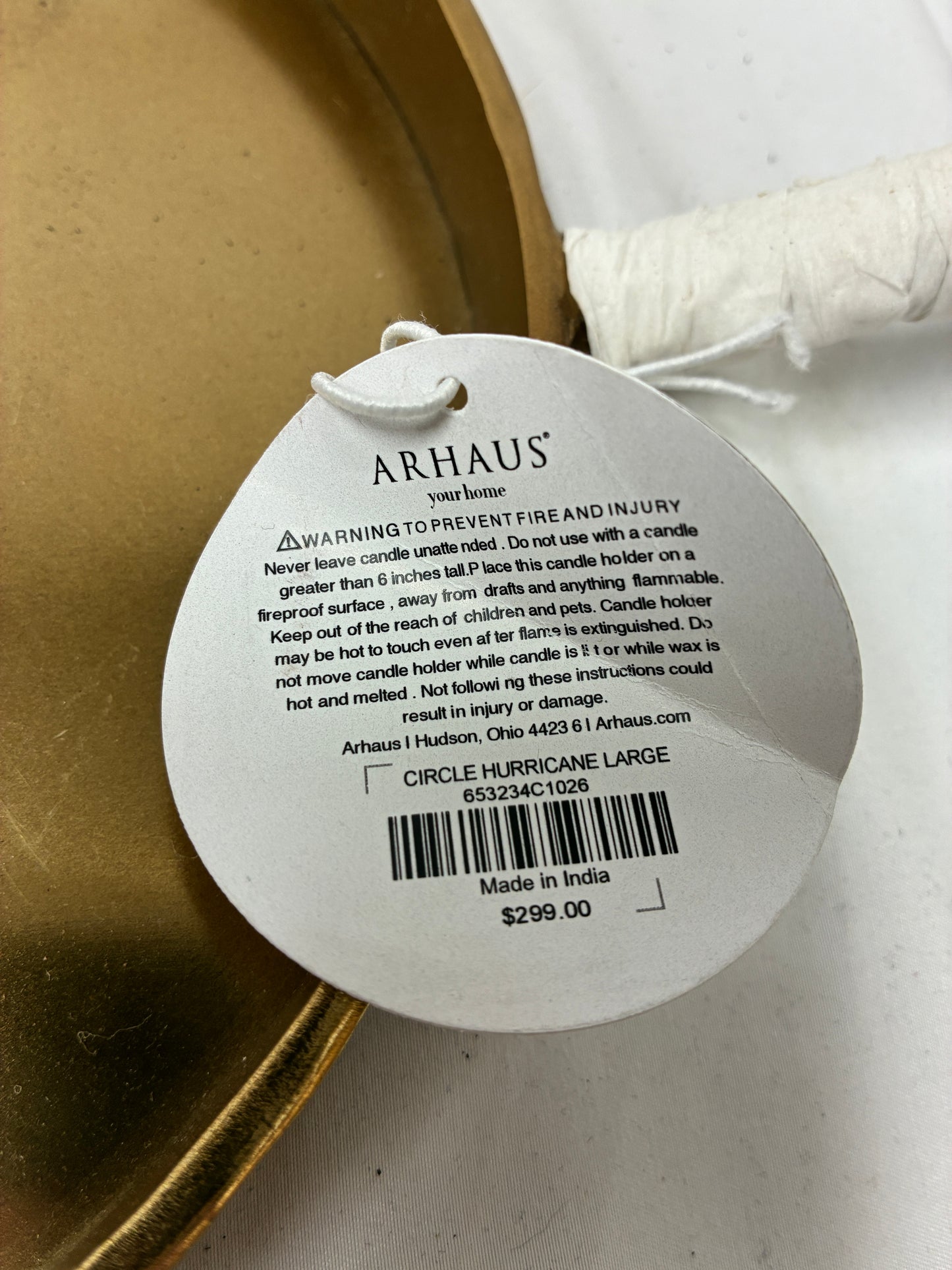 Arhaus Circle Hurricane Large Gold Metal Candle Holder with Tray Base