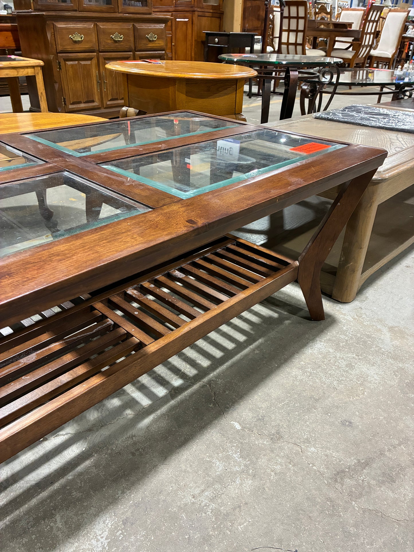Wood and Glass Coffee Table with Lower Slatted Shelf