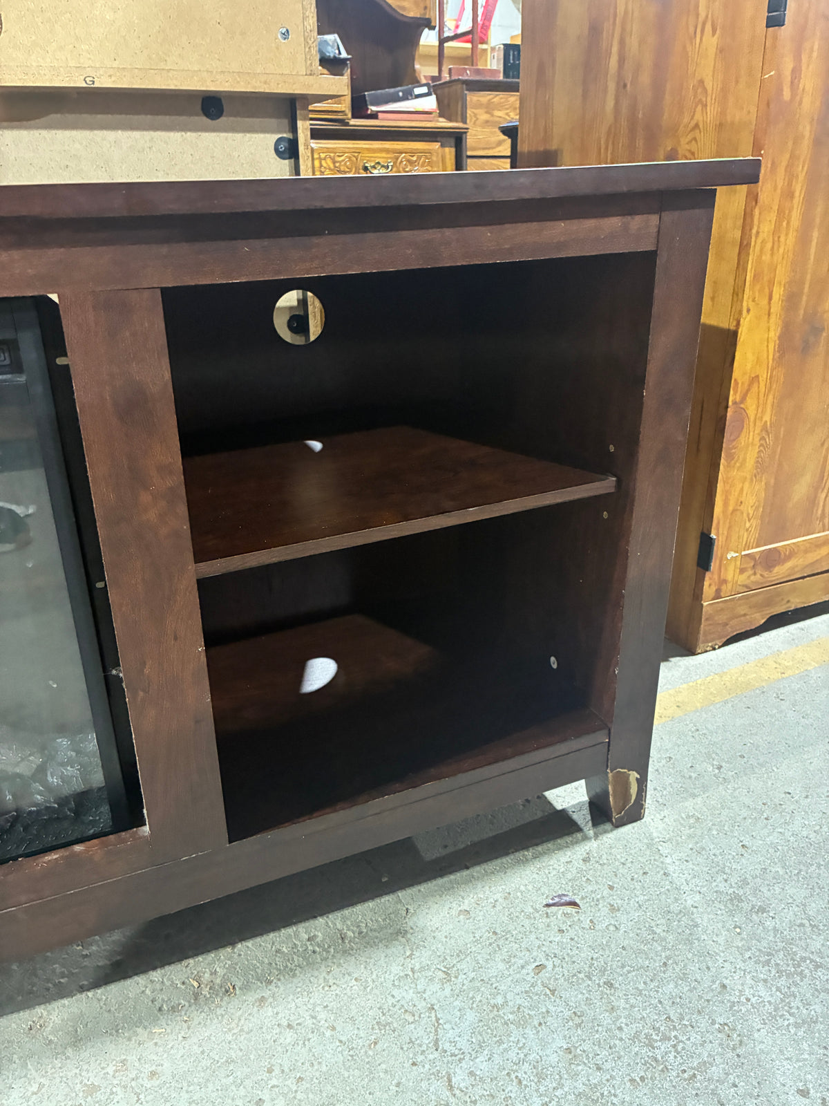 Dark Wood Electric Fireplace TV Stand with Open Shelving