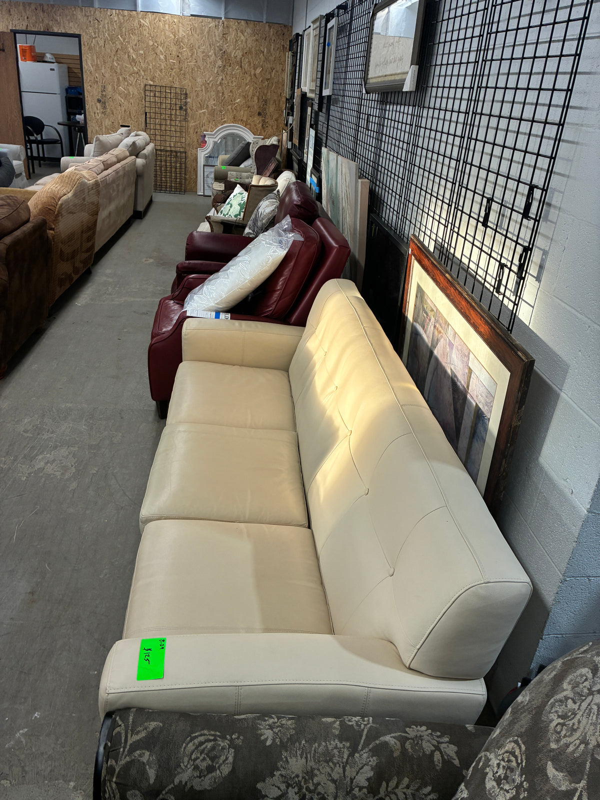 Cream Leather Three-Seat Sofa