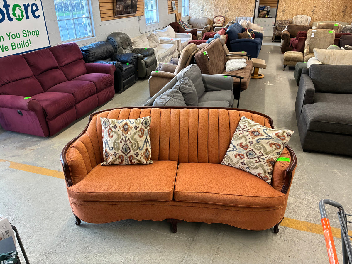 Traditional Orange Upholstered Sofa with Wood Trim