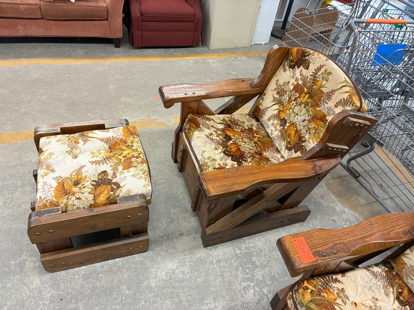 Vintage Rustic Wood Chair with Matching Ottoman and Floral Upholstery