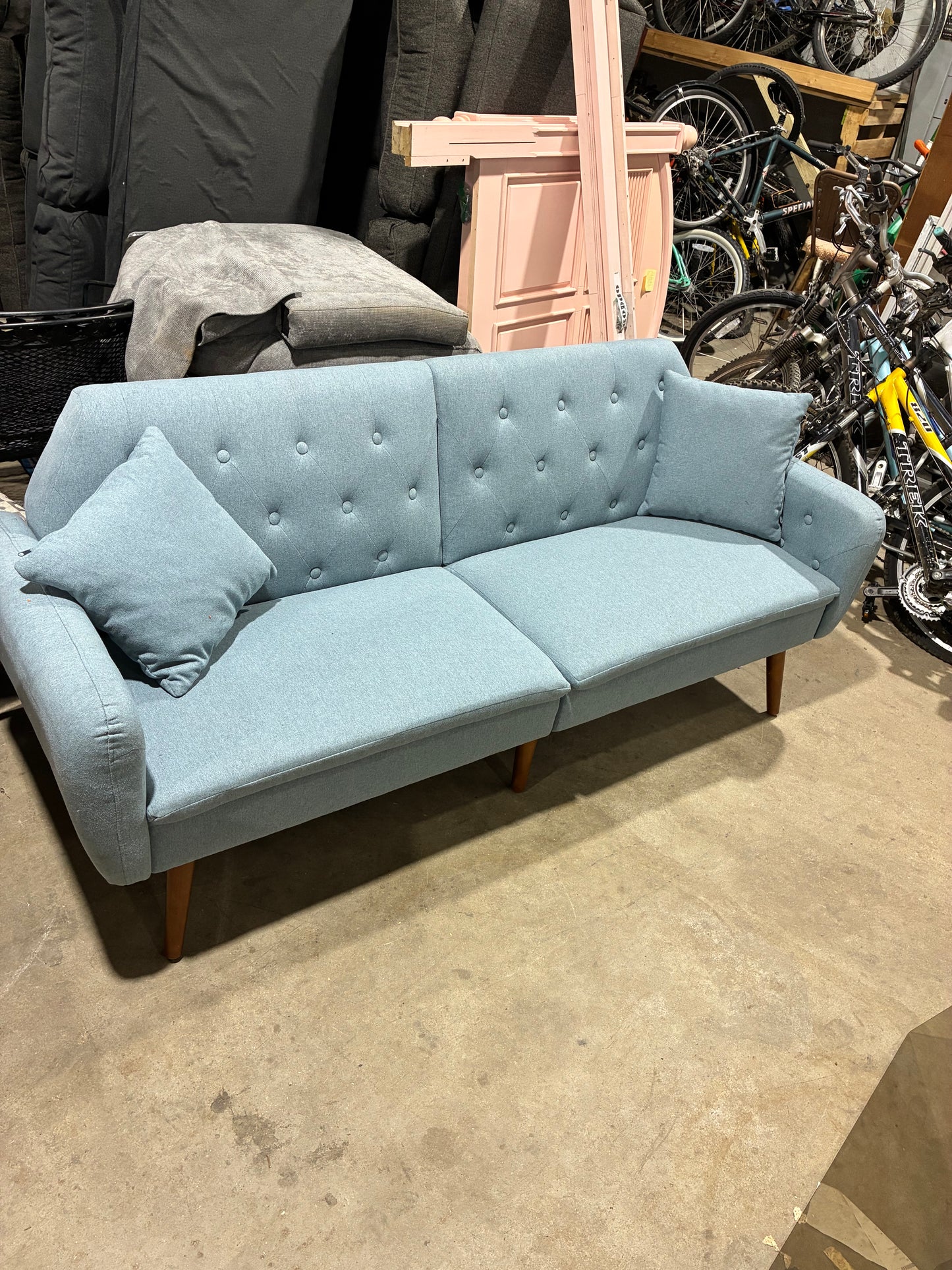 Light Blue Mid-Century Modern Tufted Sofa
