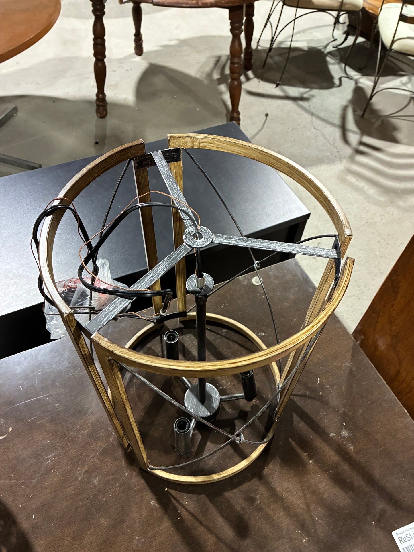Round Metal Cage Pendant Light Fixture Frame (Wood Look Finish)