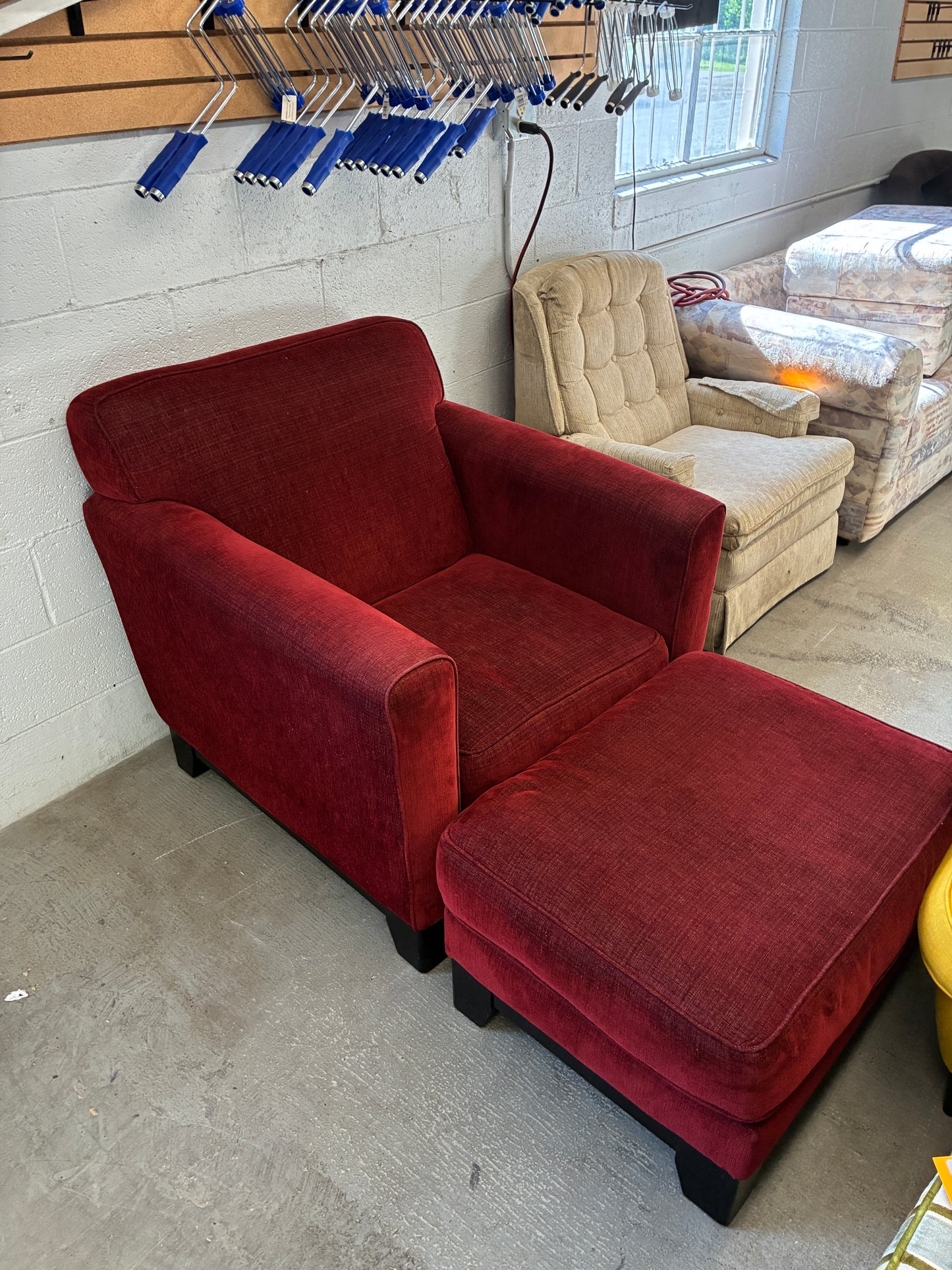 Arhaus Red Accent Chair with Ottoman