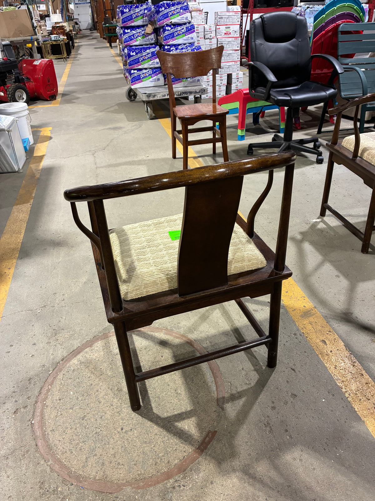 Dark Wood Curved Arm Accent Chair with Cream Upholstered Seat