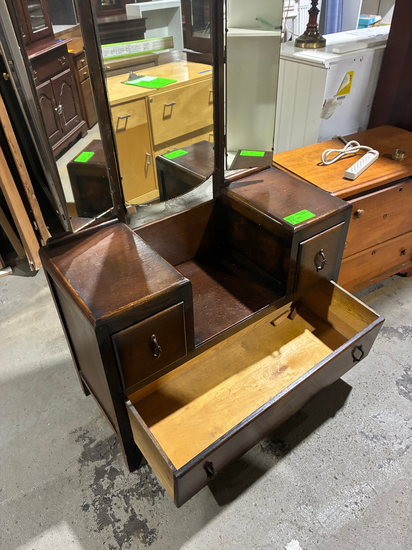 Vintage Wood Vanity with Tri-Fold Mirror