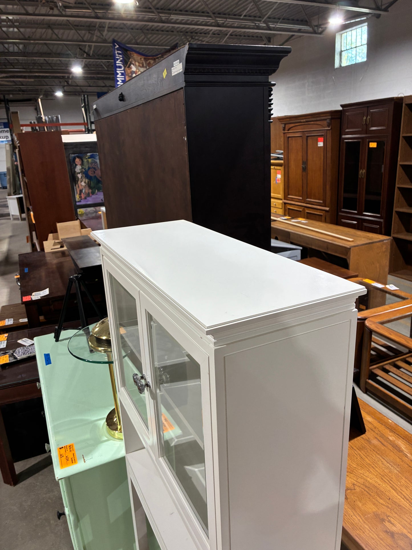 White Glass-Door Storage Cabinet with Open Shelf