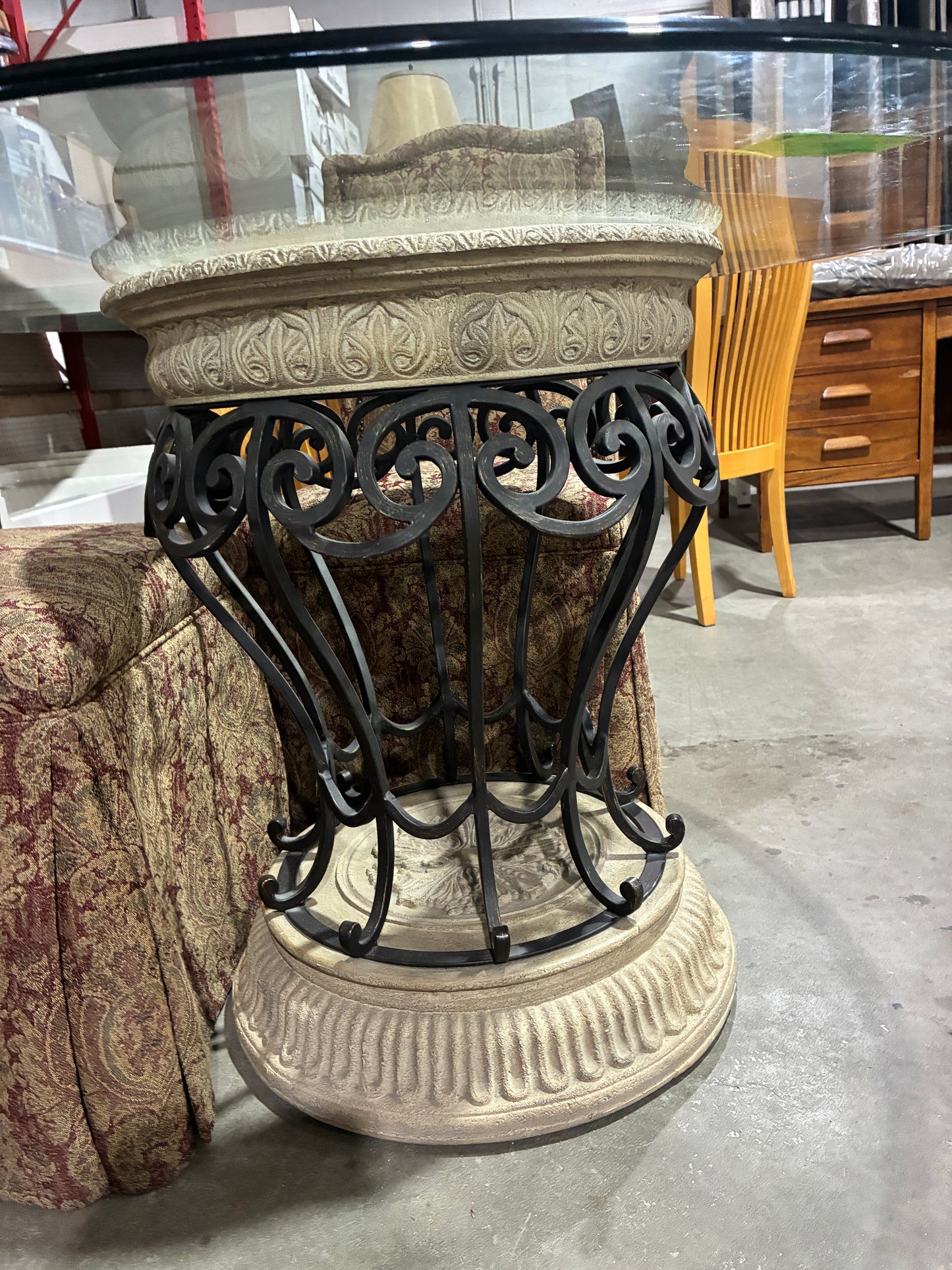 Ornate Glass-Top Dining Table with 4 Upholstered Chairs