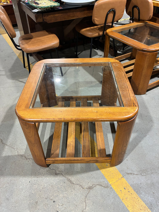Oak Glass-Top End Table with Magazine Shelf