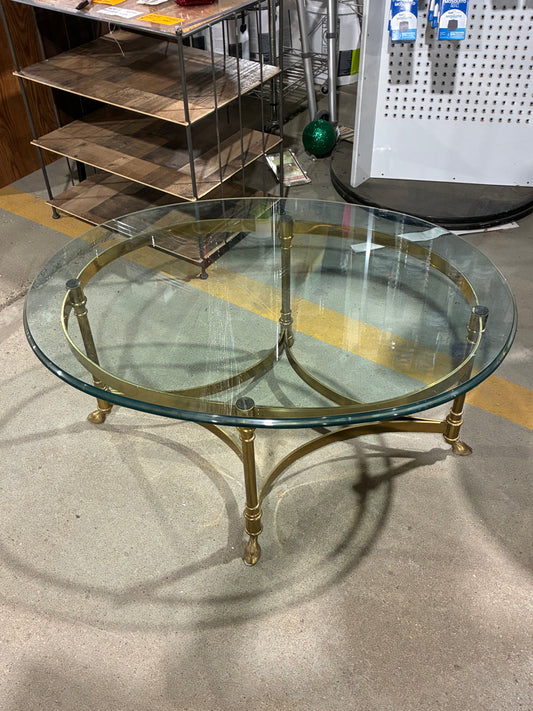 Round Glass Coffee Table with Brass-Finish Metal Base