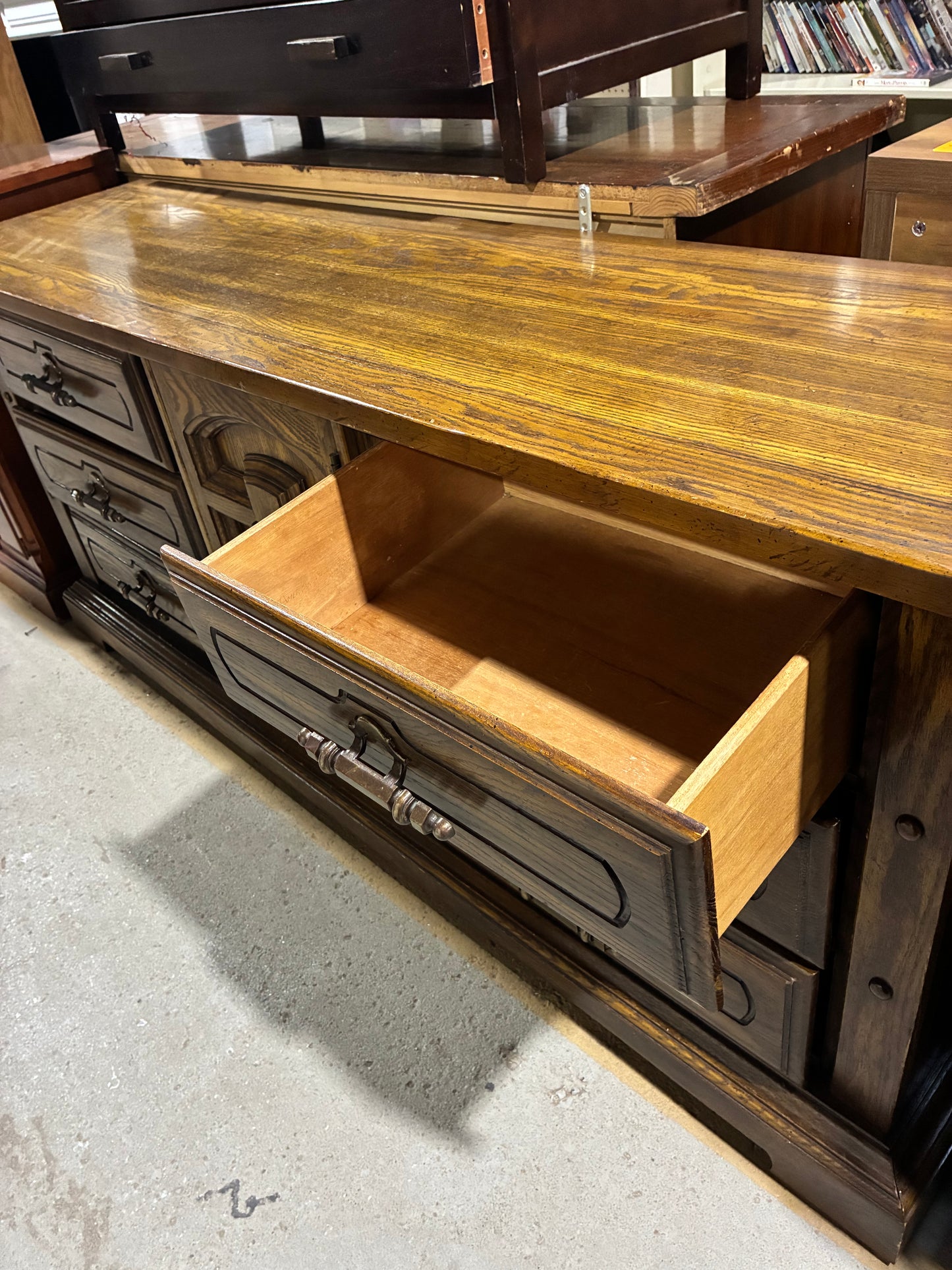 Rustic Oak Storage Credenza with Hidden Drawer Cabinet