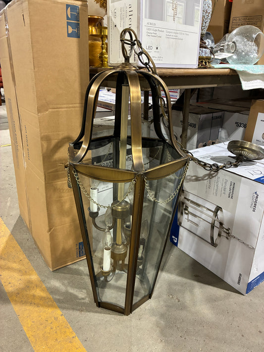 Large Brass Lantern Style 4 Light Pendant Chandelier