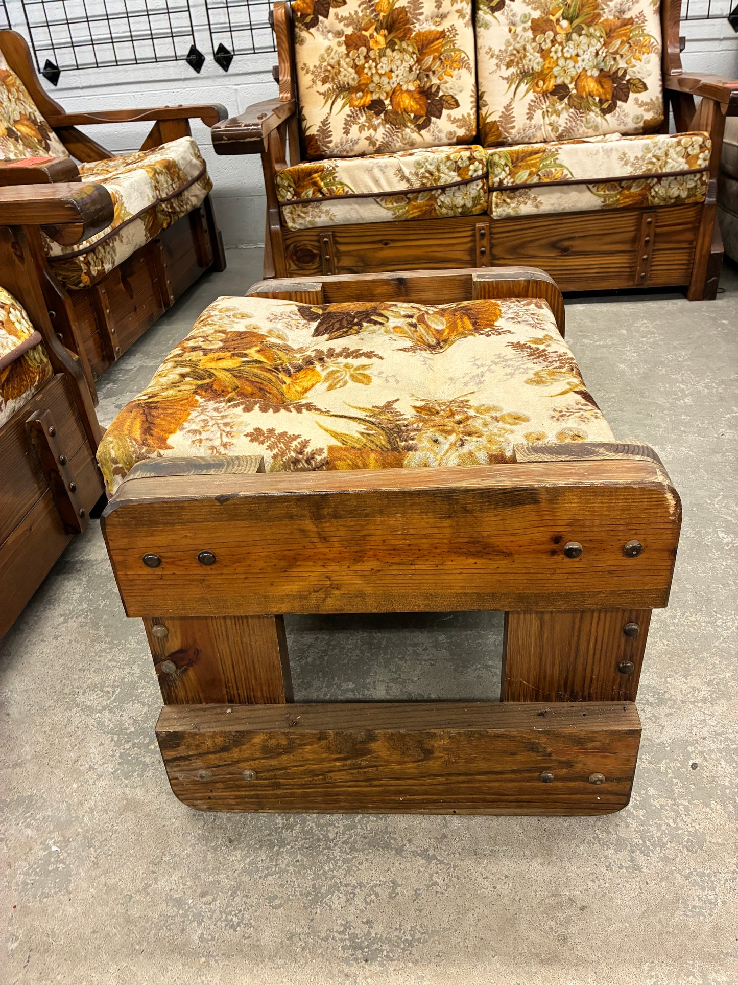Vintage Rustic Wood Chair with Matching Ottoman and Floral Upholstery