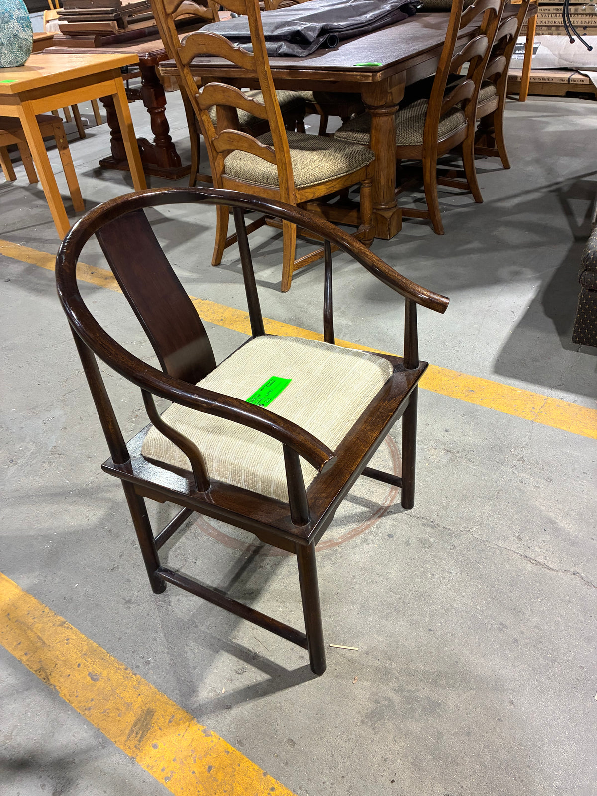 Dark Wood Curved Arm Accent Chair with Cream Upholstered Seat