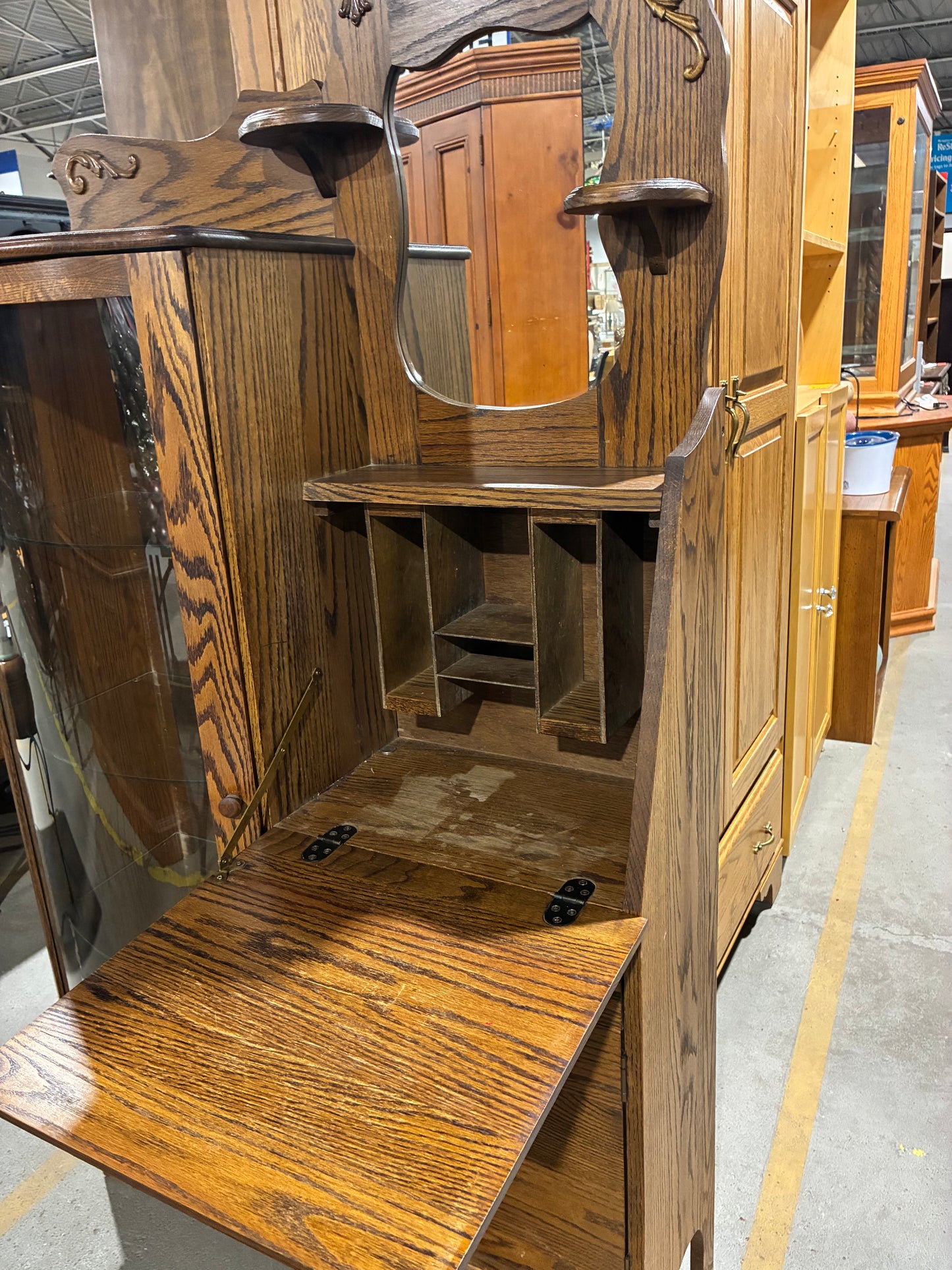 Vintage Oak Curio Cabinet with Lighted Display & Drop-Front Storage