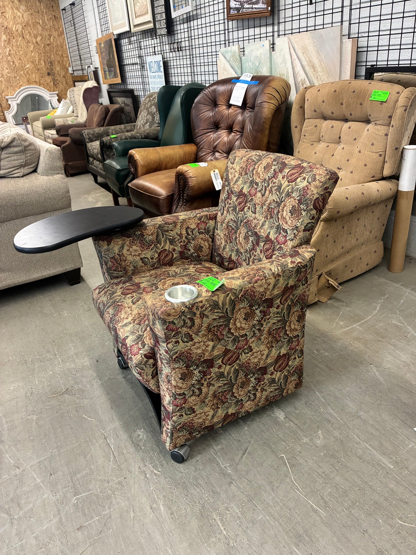 Floral Upholstered Mobility Chair with Tray and Cup Holder