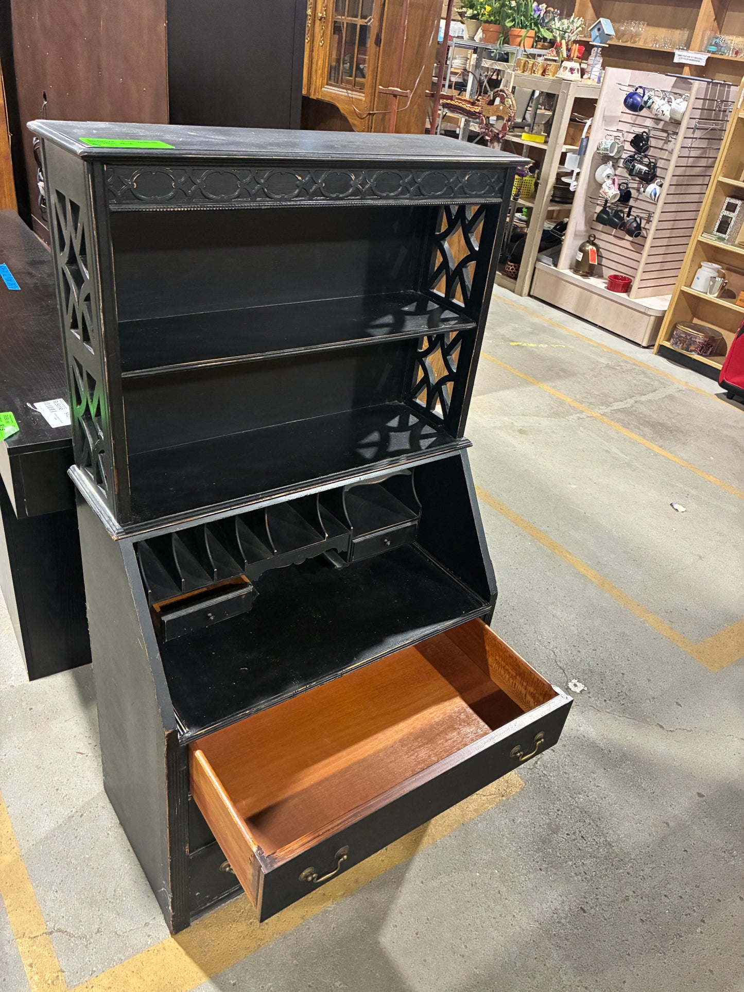 Black Secretary Desk with Open Display Shelves