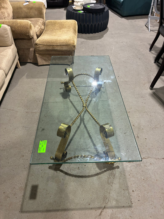 Ornate Glass Top Coffee Table with Gold-Tone Scroll Base