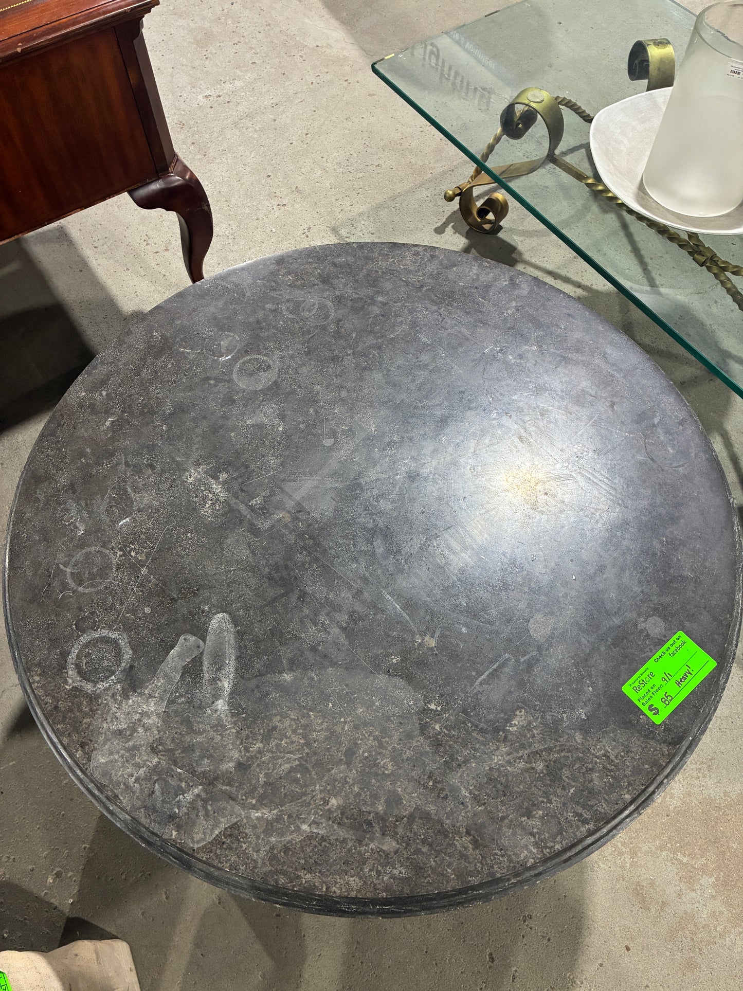 Round Stone-Top Pedestal Accent Table