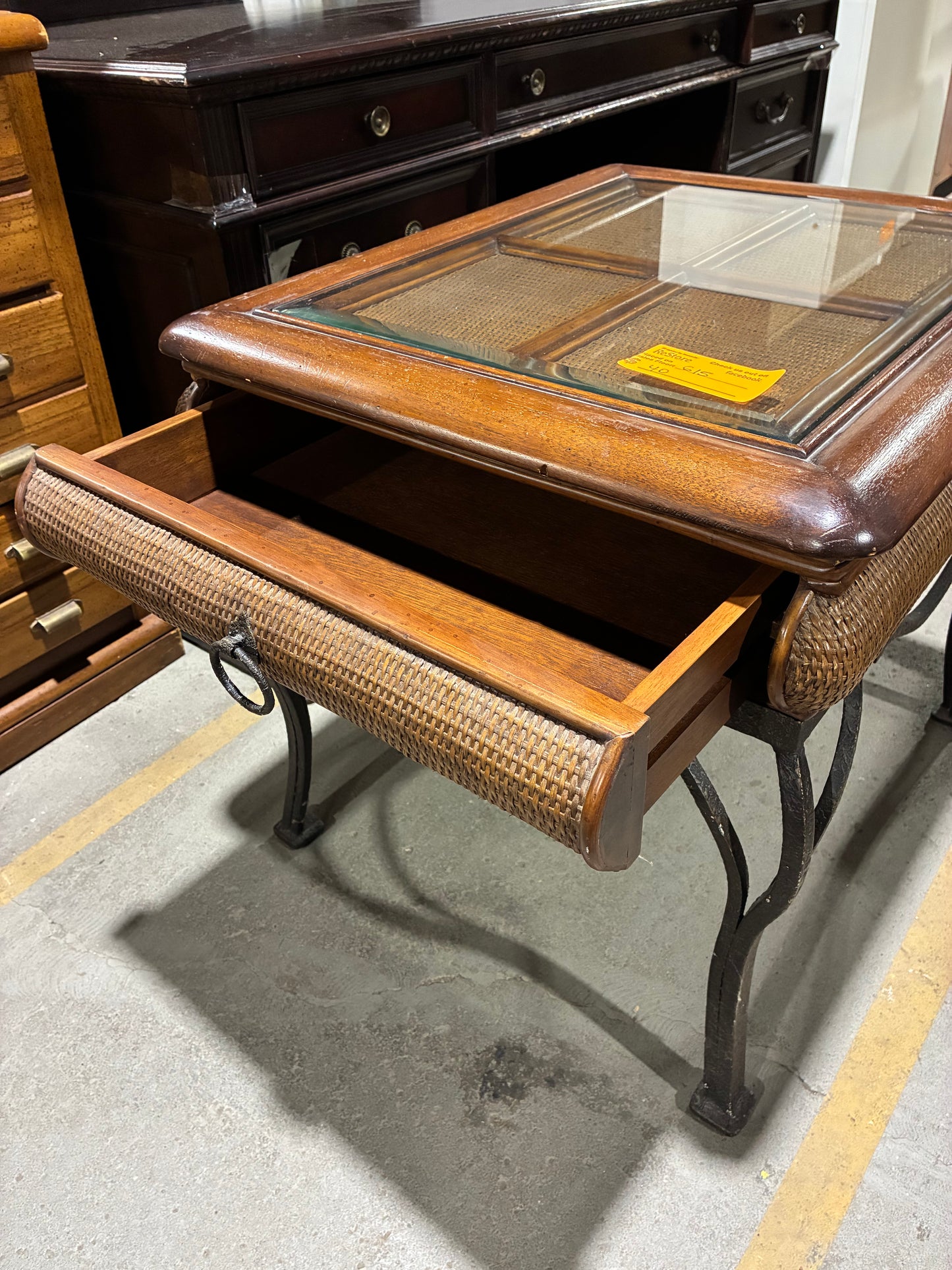 Tropical Rattan & Glass Top Accent Table with Storage Drawer #2