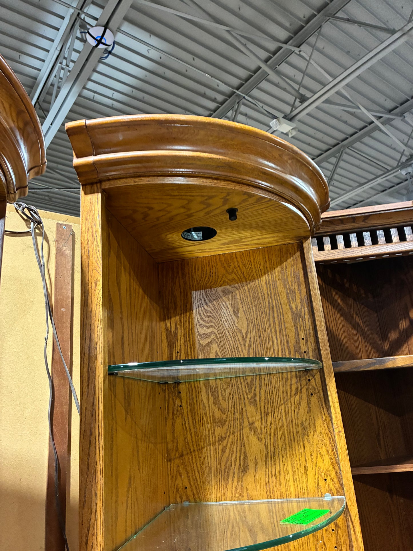 Curved Oak Corner Display Bookcase with Glass Shelves