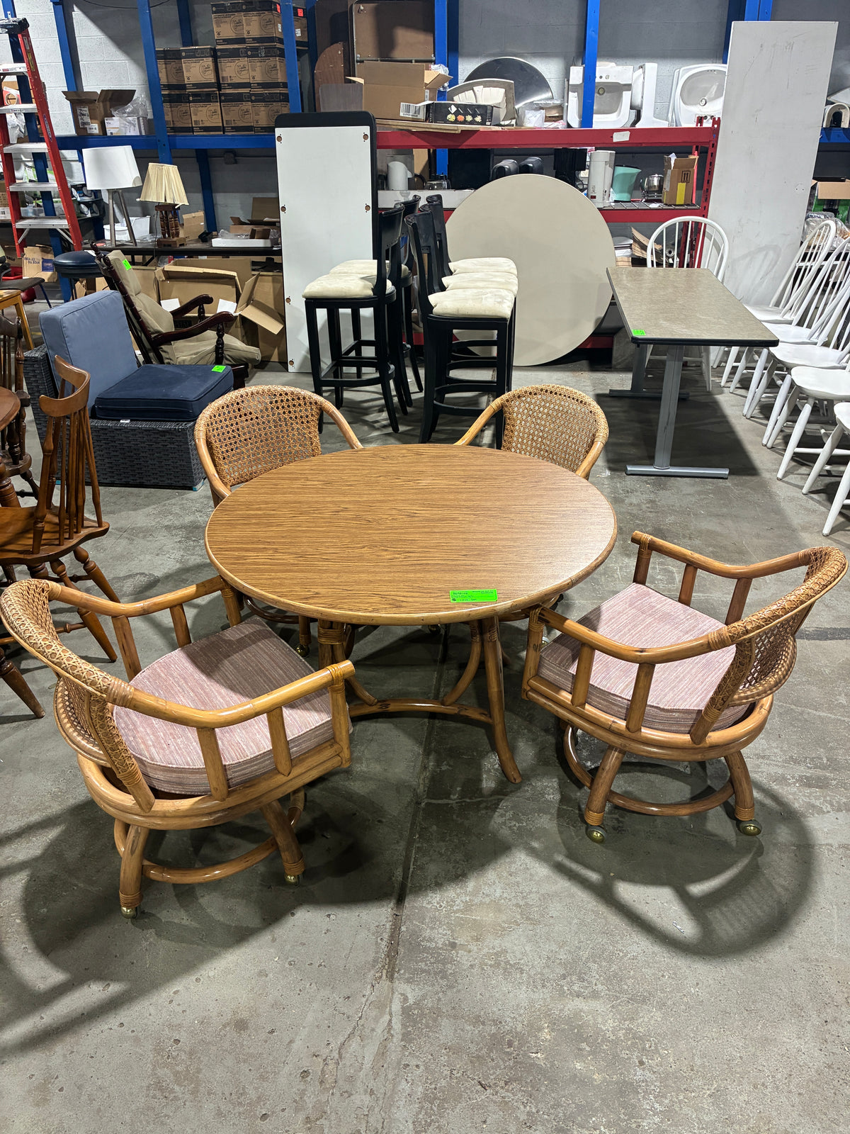 Vintage Rattan Dining Table & Four Rolling Armchairs