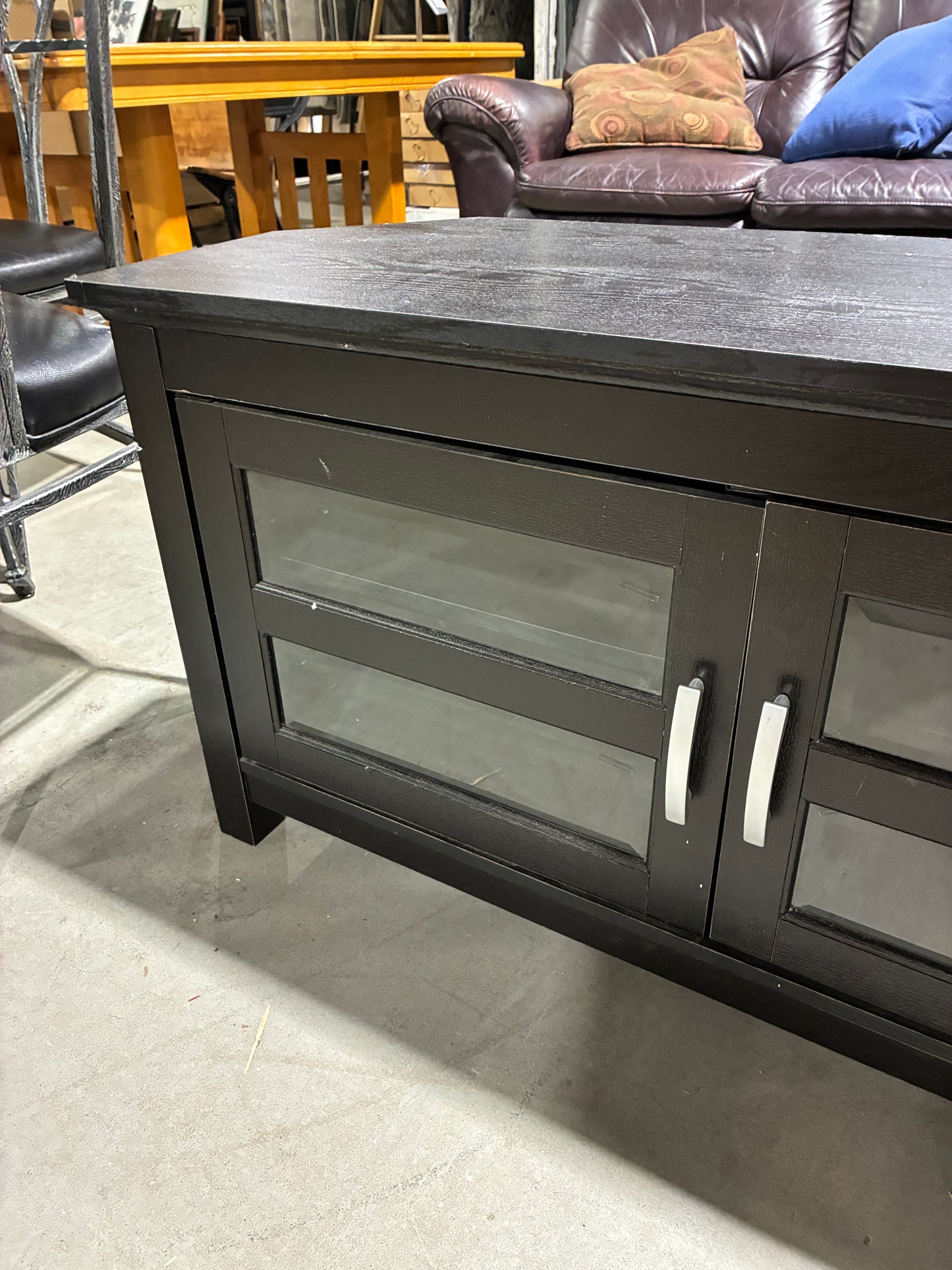 Black TV Stand with Glass Cabinet Doors