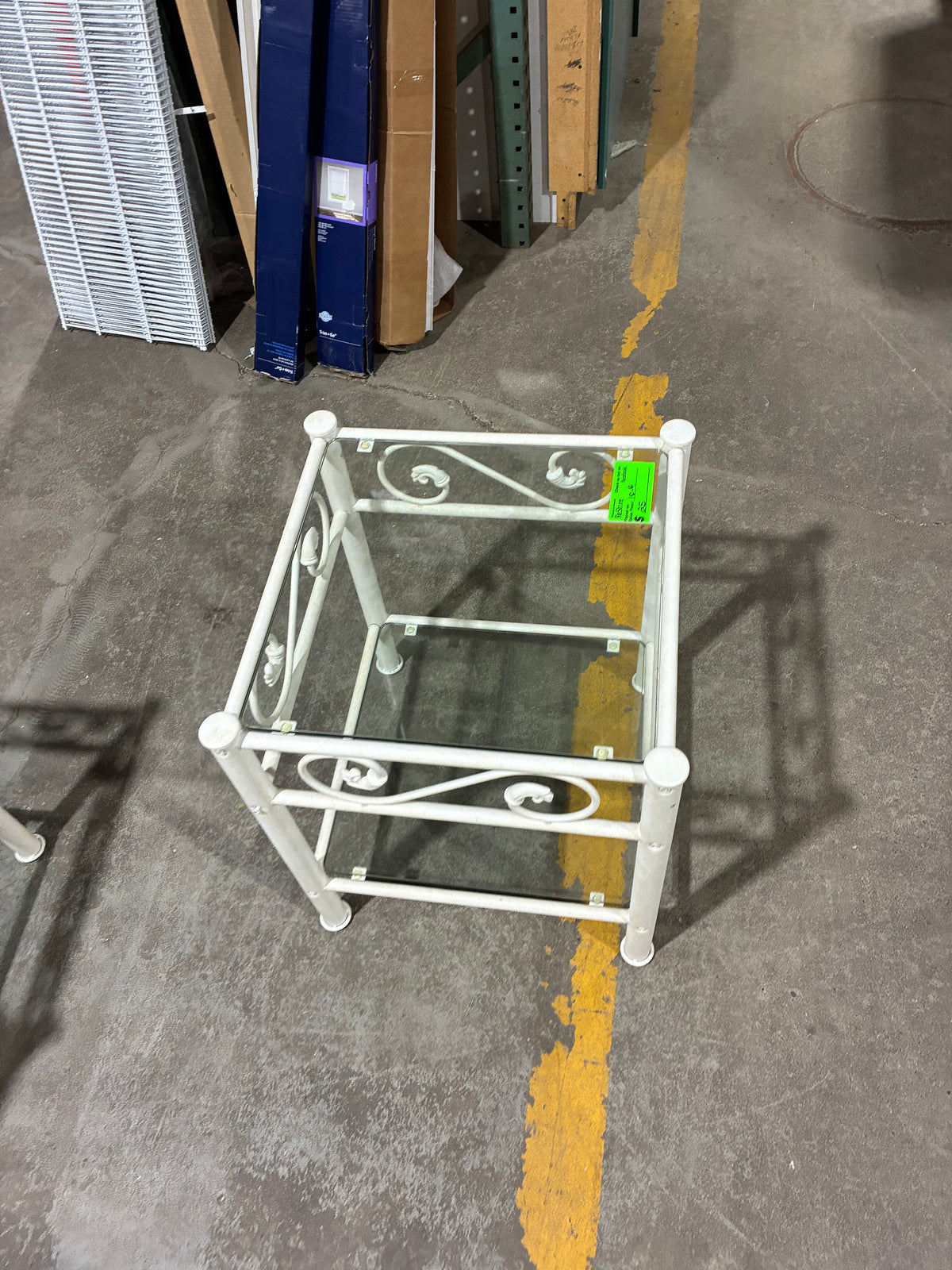 White Wrought Iron Accent Table with Glass Shelves