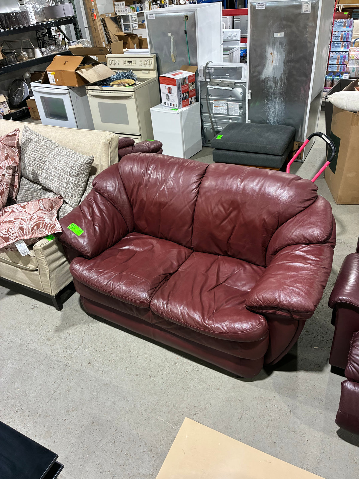 Burgundy Leather Two-Seat Loveseat with Plush Padded Arms