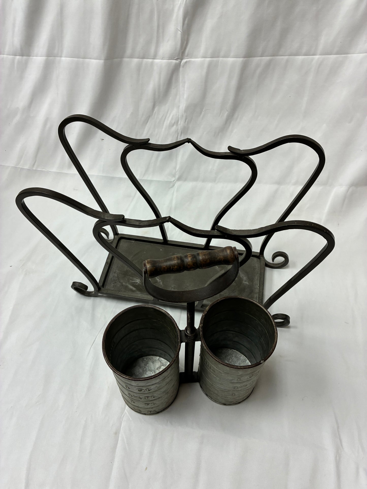 Decorative Metal Utensil Holder with Dual Galvanized Measuring Buckets