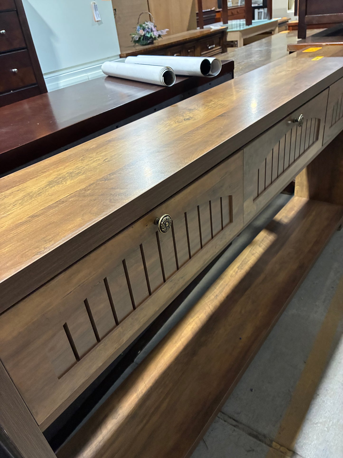 Rustic Brown Console Table with Hidden Storage Drawers