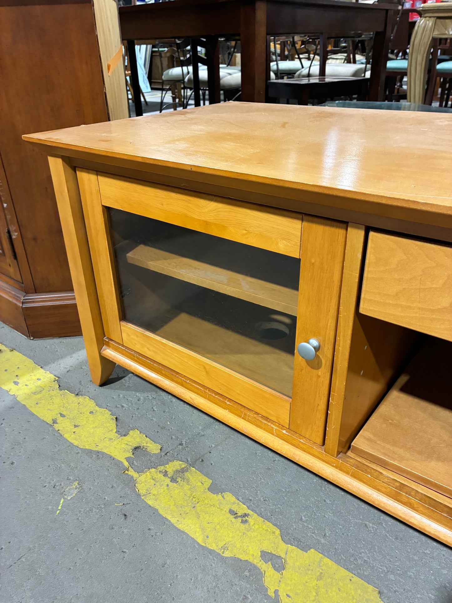 Wood TV Stand with Glass Doors & Storage