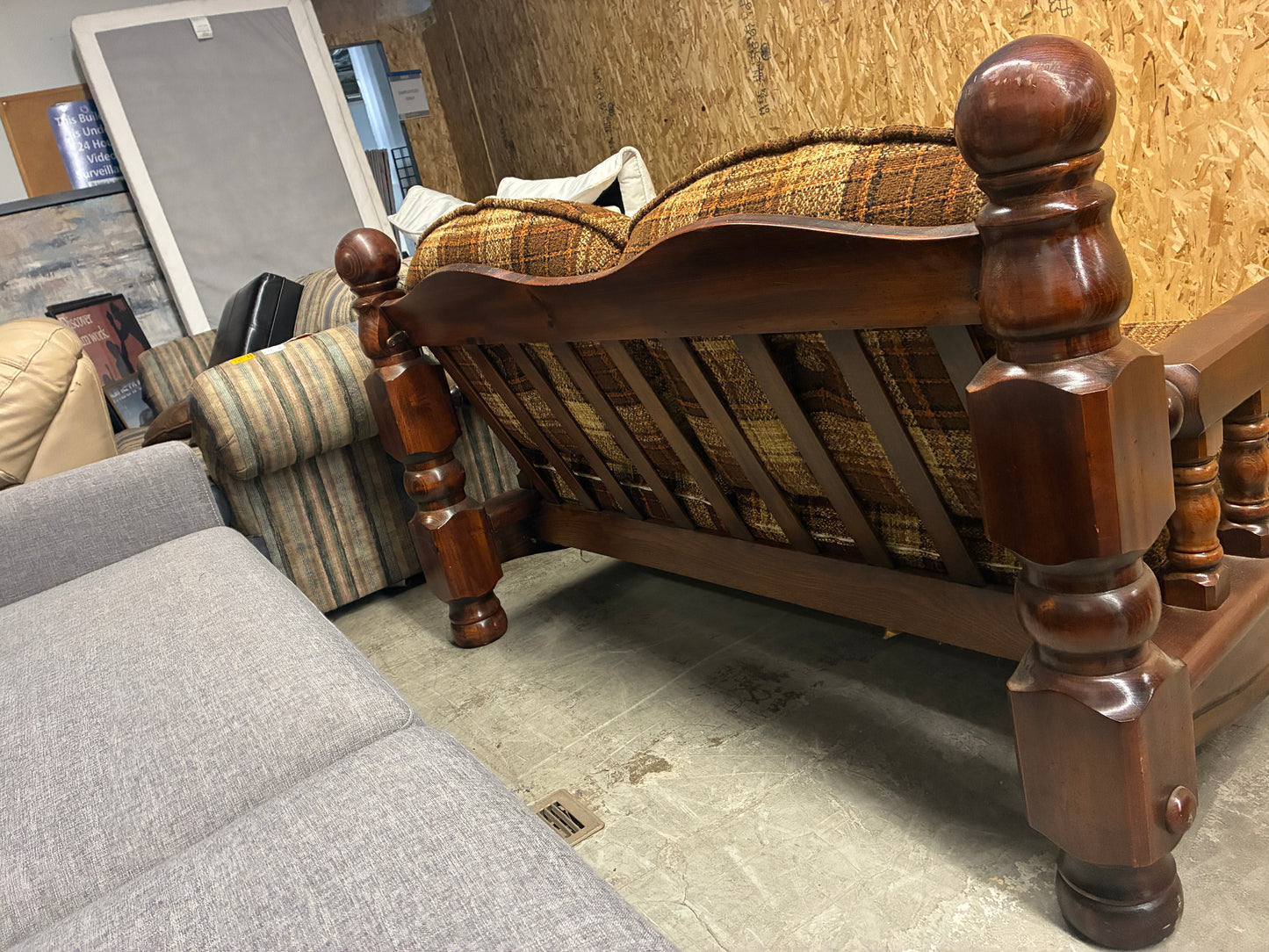 Vintage Plaid Wood Frame Loveseat