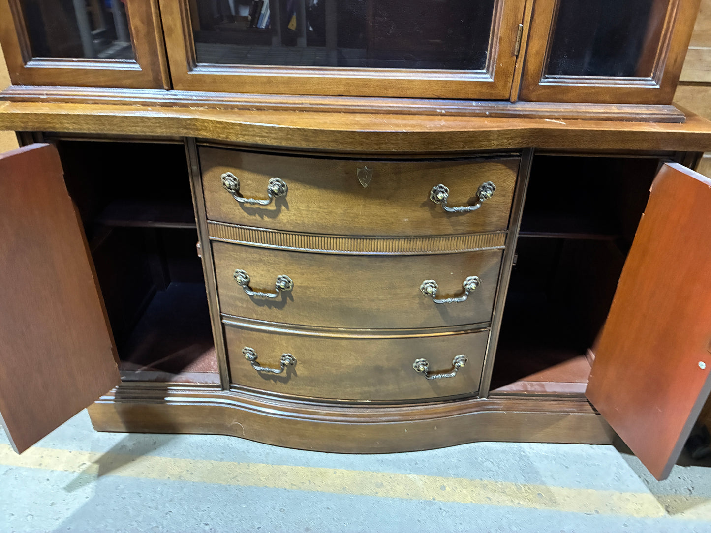 Traditional Lighted China Cabinet with Curved Front Drawers