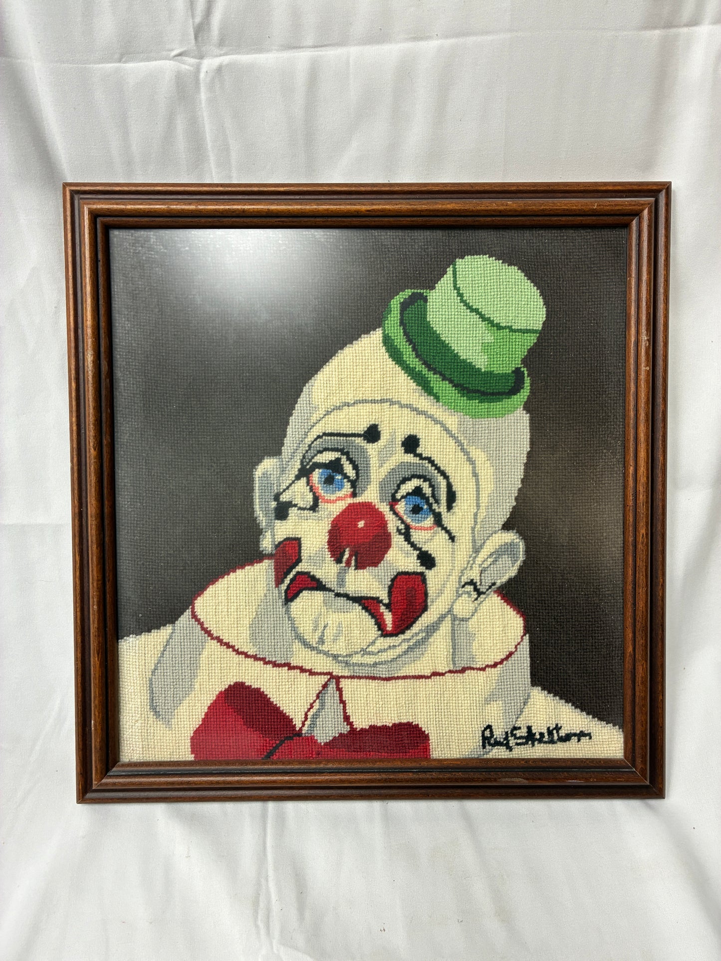 Framed Red Skelton Clown Needlepoint Art