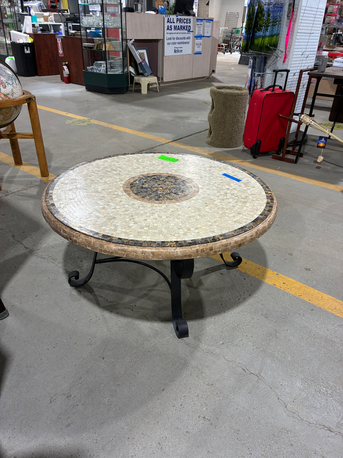 Round Mosaic Tile Coffee Table with Wrought Iron Base