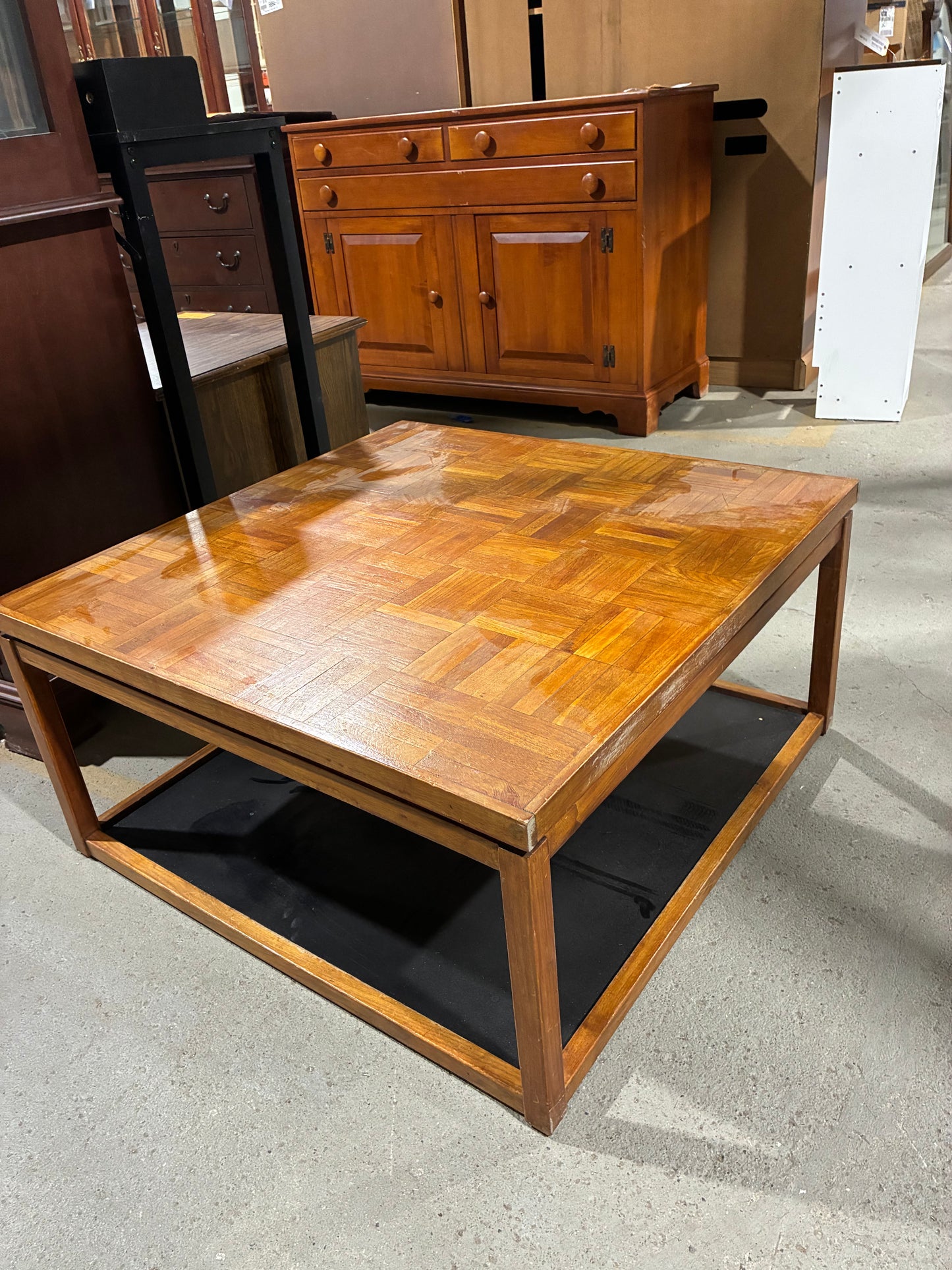 Mid-Century Parquet Top Coffee Table with Lower Shelf