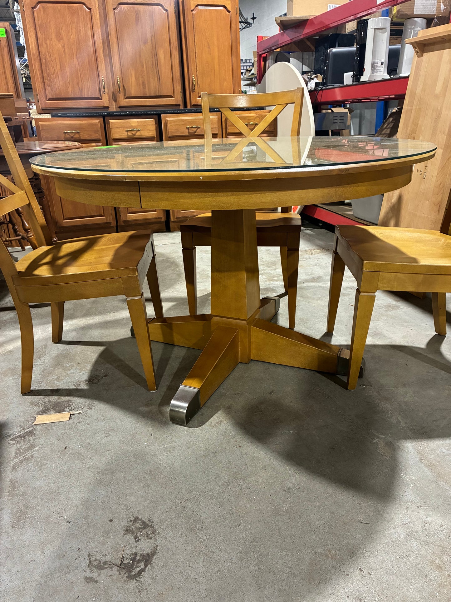 Ethan Allen Round Dining Table with Glass Top & 4 Chairs