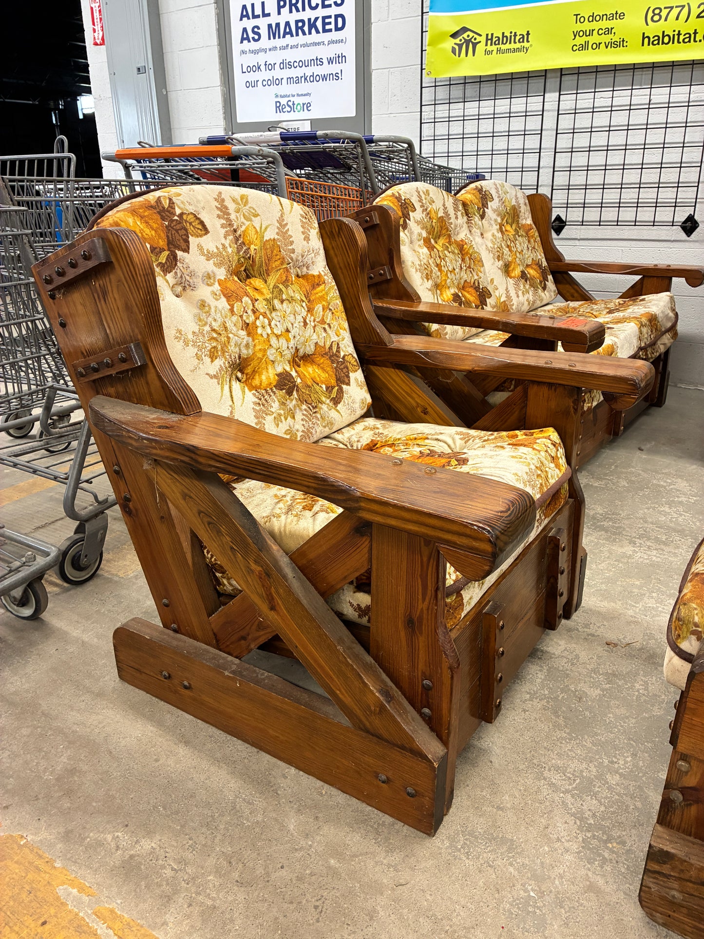 Vintage Rustic Wood Chair with Matching Ottoman and Floral Upholstery