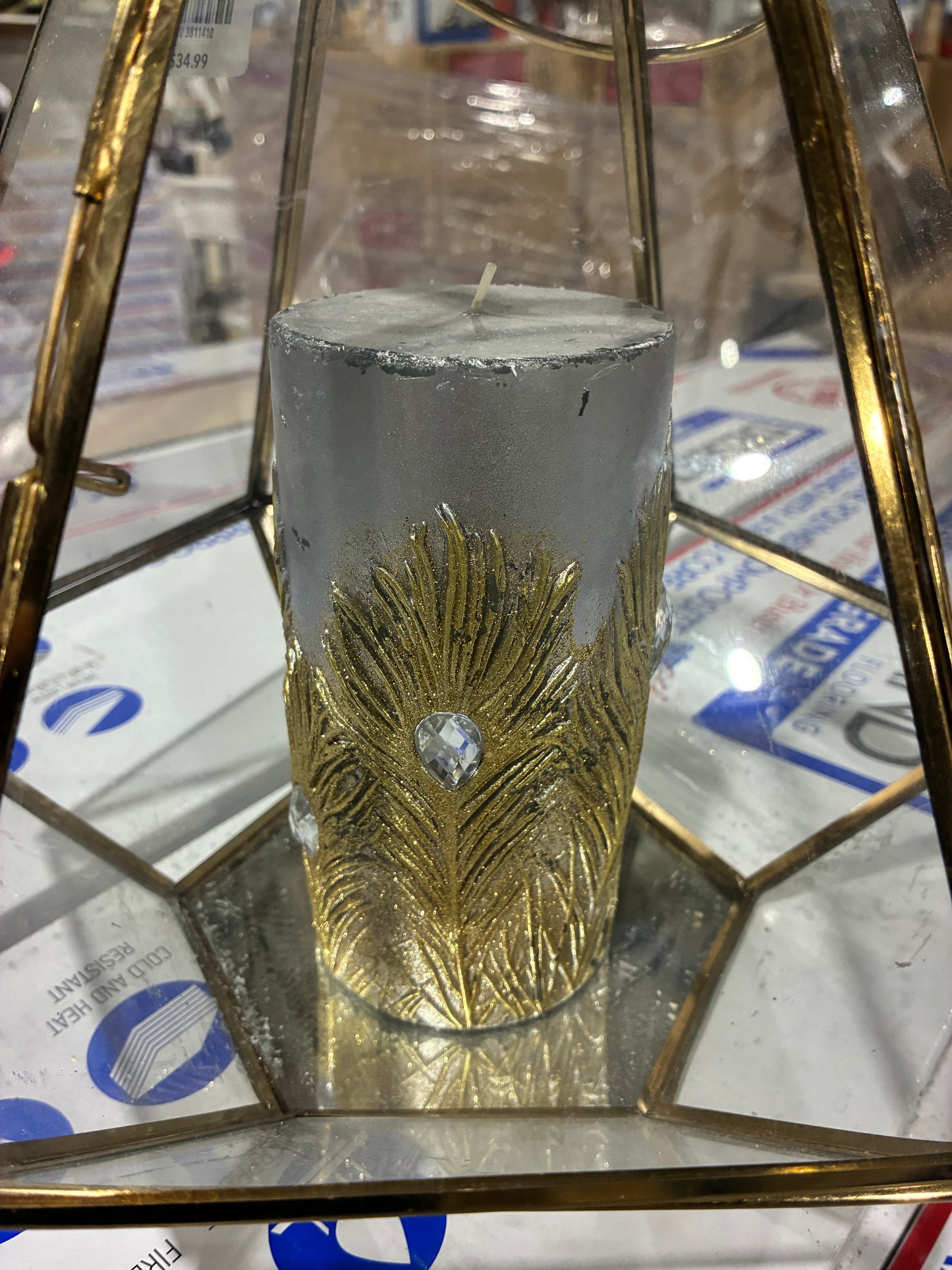 Pier 1 Geometric Glass Lantern with Decorative Candle