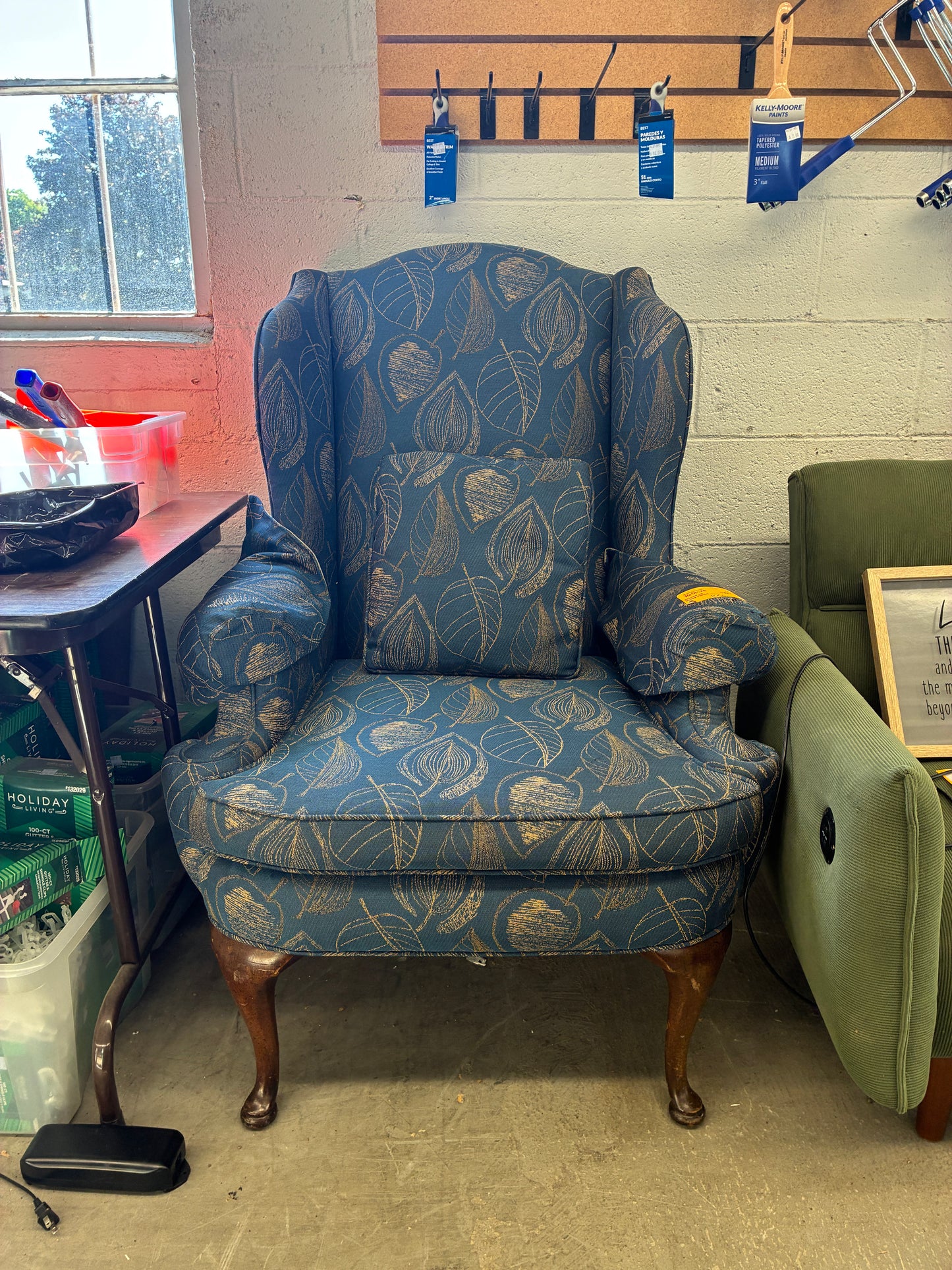 Blue Leaf Pattern Wingback Chair
