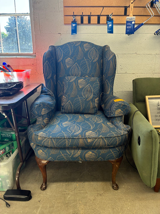 Blue Leaf Pattern Wingback Chair