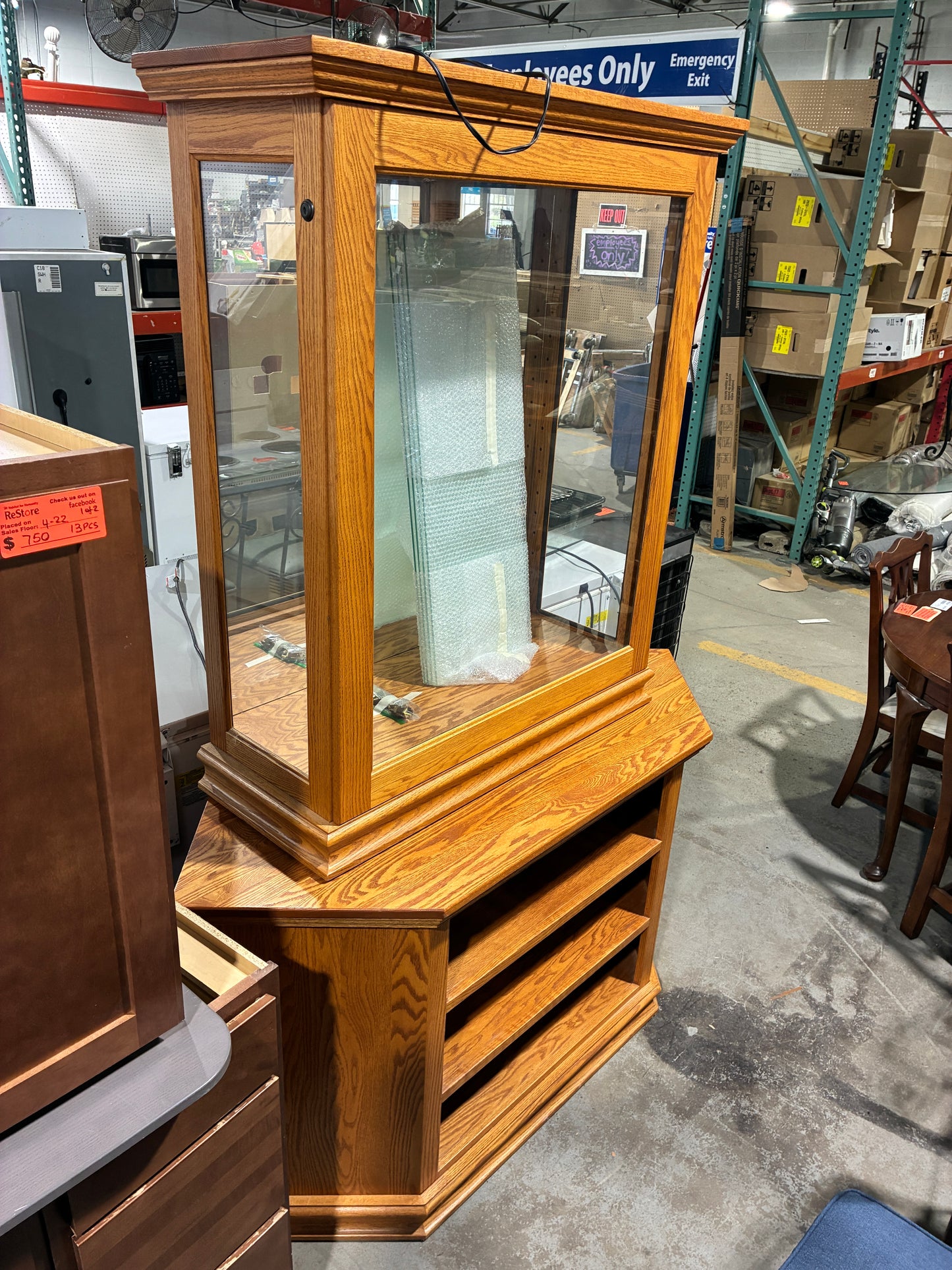 Oak Lighted Display Cabinet with Base (Two-Piece Set)