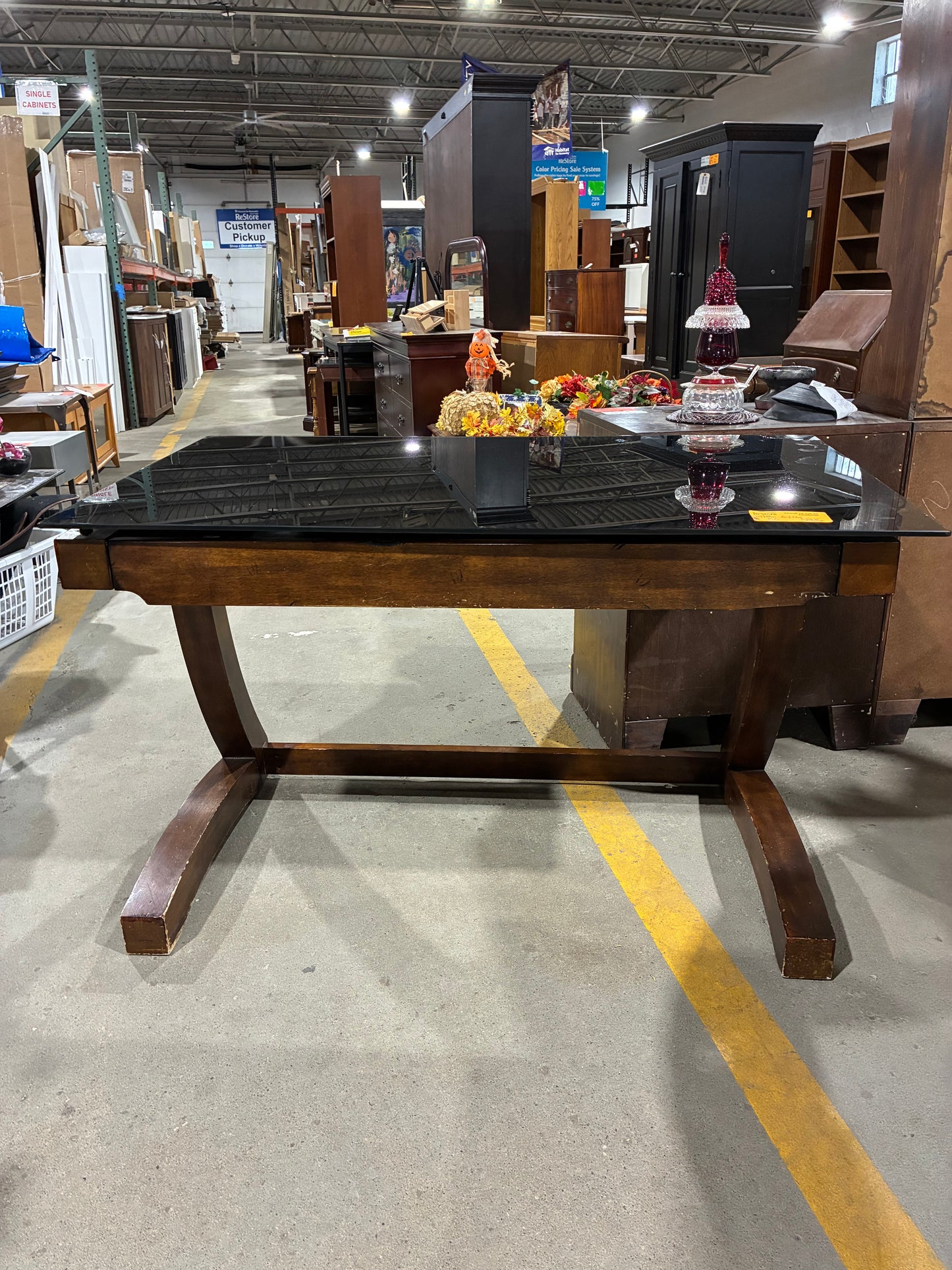Modern Espresso Writing Desk with Black Glass Top and Storage Drawer