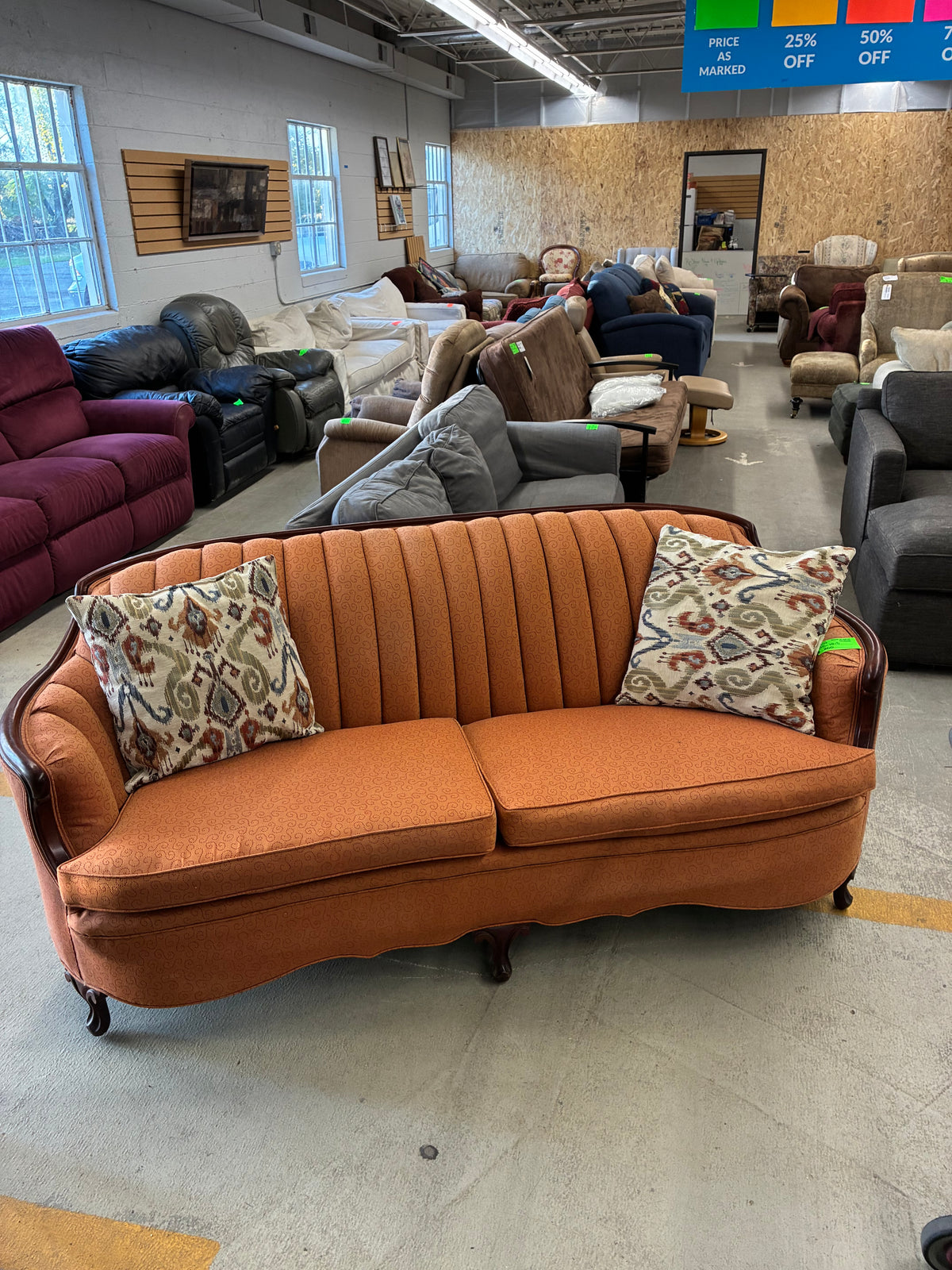 Traditional Orange Upholstered Sofa with Wood Trim