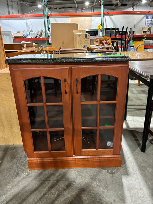 Cherry Finish Glass-Door Cabinet with Granite Top