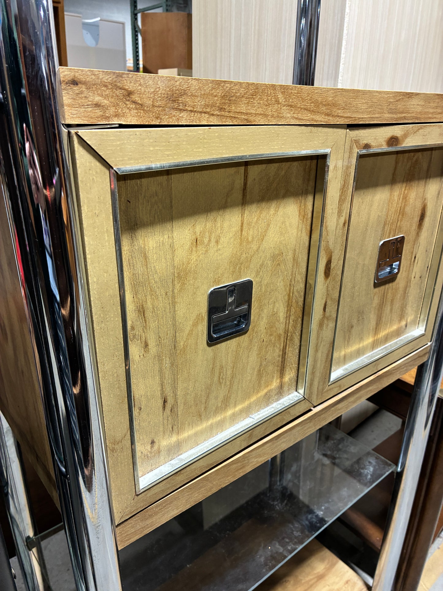 Modern Wood and Chrome Storage Shelf Cabinet