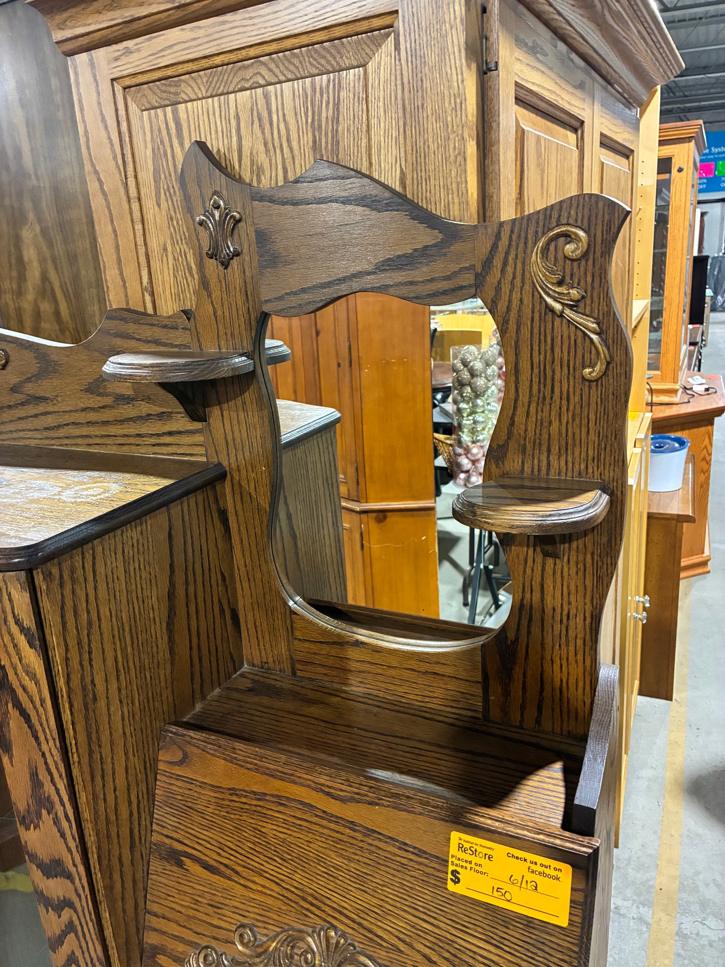 Vintage Oak Curio Cabinet with Lighted Display & Drop-Front Storage