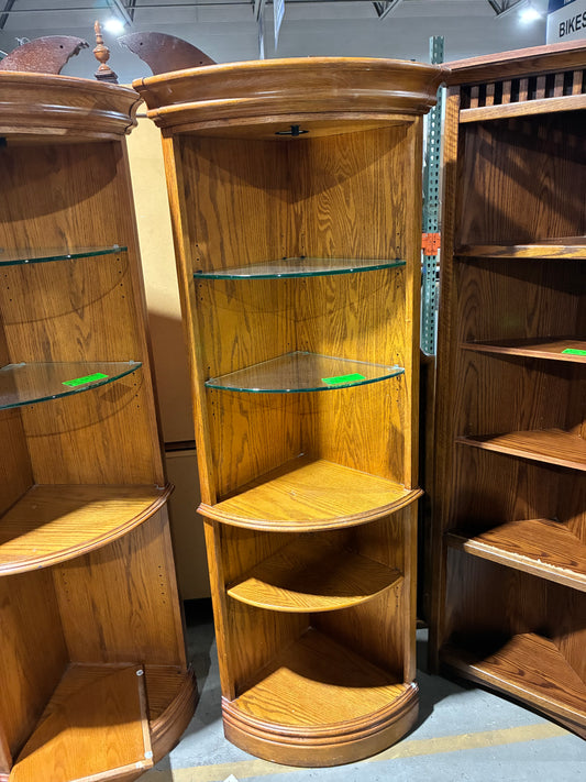 Curved Oak Corner Display Bookcase with Glass Shelves